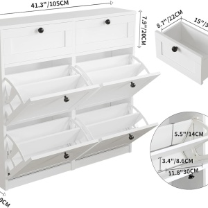 PANA31 - Pantofar 105cm ingust, 4 compartimente si 2 sertare, pantofare, depozitare pantofi, mobilier hol - Alb / Negru - Img 10