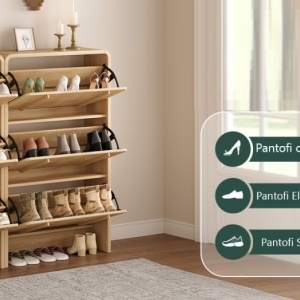Pantofar maro ingust 70 cm cu 3 compartimente, pantofare cu Riflaje, depozitare pantofi, mobilier hol - PANM10 - Img 11