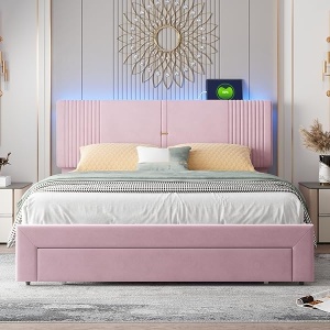 PARC205 - Pat tapitat cu LED si USB, 140 / 160 x 200 cm, cu Sertar - Gri - Img 3