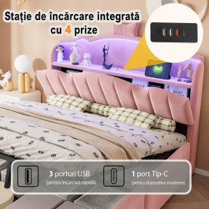 PARC208 - Pat tapitat cu LED, 140 x 200 cm - Pat copii, fetite cu Spatiu depozitare, Porturi USB si USB-C - Catifea Roz / Crem - Img 11