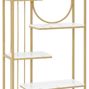 RAAU212 - Raft manichira, 80 cm pentru salon cosmetica, birou, hol, living, baie - Alb imitatie de marmura - Auriu - Img 2