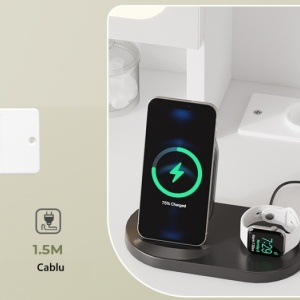 SEA1 - Set Masa toaleta 104 cm, cu 3 sertare, Cu Priza, USB si USB-C, cosmetica, machiaj, oglinda cu LED, masuta vanity, make-up - Alb - Img 6