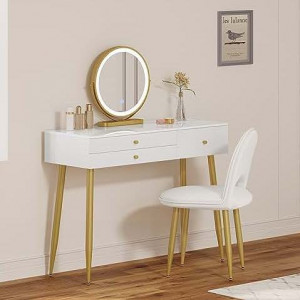 SEA423 - Set Masa toaleta, 100 cm, cosmetica machiaj, oglinda cu LED, masuta vanity, scaun tapitat - Alb-Auriu