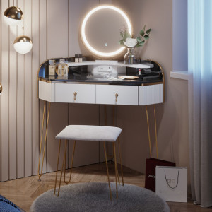SEA903 - Set Masa toaleta pe colt cu priza si USB, 99 cm, cosmetica machiaj, oglinda cu LED, masuta vanity - Alb-Auriu-Gri