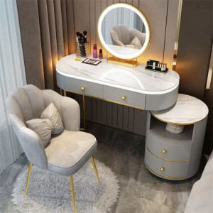 SEG8 - Set Masa toaleta, 100 cm, cosmetica, masa machiaj cu oglinda LED si scaun, masuta vanity - Gri