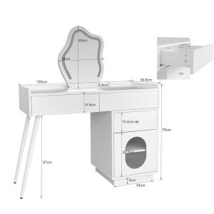 Set Masa toaleta alba, 100 cm cosmetica machiaj, oglinda cu LED, masuta vanity cu Riflaj - SEA490 - Img 5