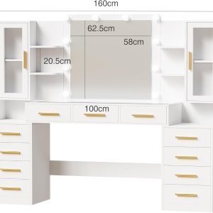 Set Masa toaleta alba 160 cm, cu Priza si USB, cosmetica, machiaj, oglinda cu LED, masuta vanity cu Blat de Sticla, make-up - SEA437 - Img 2