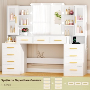Set Masa toaleta alba 160 cm, cu Priza si USB, cosmetica, machiaj, oglinda cu LED, masuta vanity cu Blat de Sticla, make-up - SEA437 - Img 5
