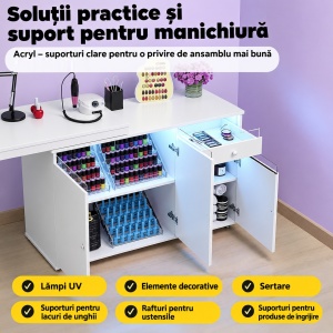 Birou, Masuta manichiura pentru Colt Alba / Neagra, 135 x 114 cm, LED, masa cosmetica pentru salon cu Rafturi deschise si Roti - MANIA217 - Img 11