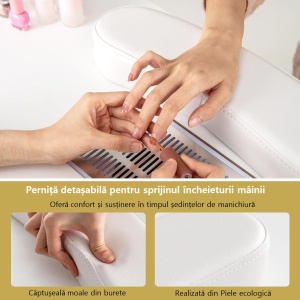 MANIA4 - Masuta manichiura, 108 cm, masa cosmetica cu Aspirator incorporat, pernita - Alb / Negru / Roz - Img 10