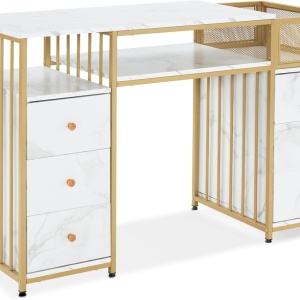MANIAU205 - Masuta manichiura, birou, 125 cm, masa cosmetica pentru salon - Alb / Negru - Auriu - Img 10