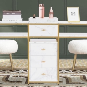 MANIAU206 - Masuta manichiura dubla, birou dublu, 200 cm, masa cosmetica pentru salon - Alb imitatie de marmura - Auriu - Img 8