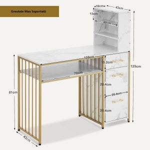 MANIAU209 - Masuta manichiura, 108 cm, birou cu 3 sertare si rafturi, masa cosmetica pentru salon - Alb / Negru - Auriu - Img 8