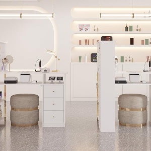 MANIAU211 - Masuta manichiura, 120 cm, birou, masa cosmetica pentru salon cu Aspirator Incorporat, Priza, LED, Sertare si Rafturi - Alb - Auriu - Img 11