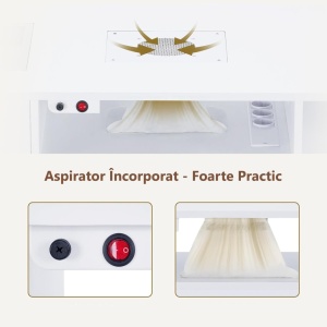MANIAU212 - Masuta manichiura, 112 cm, birou, masa cosmetica pentru salon cu Aspirator Incorporat, Priza, Sertare si Rafturi - Alb - Auriu - Img 7