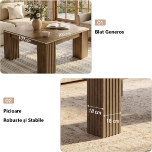 Masuta de cafea patrata, 100 cm, masa canapea Maro, Riflaj - MCM2 - Img 12