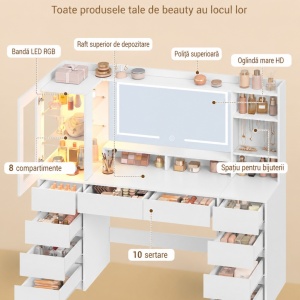 Masuta de machiaj 140 cm, cu Oglinda LED si 10 Sertare pentru Cosmetice, Set Masa toaleta Alba, masuta cosmetica, vanity cu dulapior si rafturi - SEA20 - Img 9