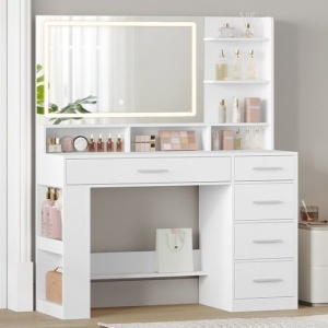 Masuta machiaj cu Oglinda HD LED si 5 Sertare pentru Cosmetice, Set Masa toaleta 108 cm, Alb, masuta cosmetica, vanity - SEA13 - Img 9