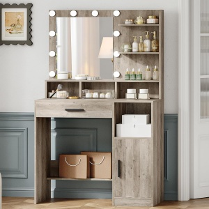 Masuta machiaj cu Oglinda LED si 1 Sertar pentru Cosmetice, Set Masa toaleta 80 cm, Alb / Negru / Gri, masuta cosmetica, vanity - SEG19 - Img 1