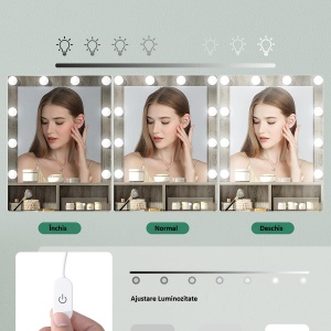 Masuta machiaj cu Oglinda LED si 1 Sertar pentru Cosmetice, Set Masa toaleta 80 cm, Alb / Negru / Gri, masuta cosmetica, vanity - SEG19 - Img 11