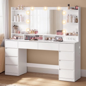 Masuta machiaj cu Oglinda LED si 10 Sertare si Rafturi pentru Cosmetice, Set Masa toaleta 137 cm, Alb, masuta cosmetica, vanity - SEA22