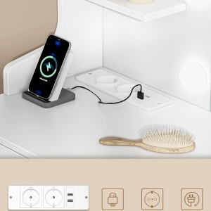Masuta machiaj cu Oglinda LED si 11 Sertare pentru Cosmetice, Set Masa toaleta 108 cm, Alb, masuta cosmetica, vanity - SEA9 - Img 5