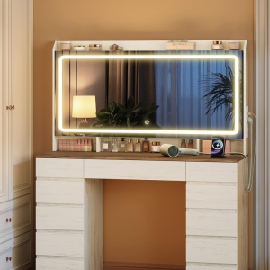 Masuta machiaj cu Oglinda LED si 11 Sertare pentru Cosmetice, Set Masa toaleta 108 cm, Alb, masuta cosmetica, vanity cu Priza si USB - SEA12 - Img 2