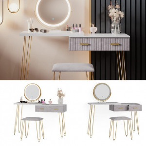 Masuta machiaj cu Oglinda LED si 2 Sertare pentru Cosmetice, Set Masa toaleta 120 cm, Alb, masuta cosmetica, vanity - SEA393 - Img 7