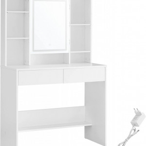 Masuta machiaj cu Oglinda LED si 2 Sertare pentru Cosmetice, Set Masa toaleta 90 cm, Alb, masuta cosmetica, vanity cu sau fara Priza, cu sau fara Scaun - SEA81 - Img 4