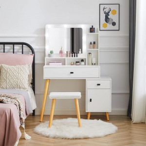 Masuta machiaj cu Oglinda LED si 2 Sertare pentru Cosmetice, Set Masa toaleta 80 cm, Alb, masuta cosmetica, vanity - SEA426 - Img 1