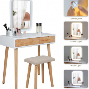 Masuta machiaj cu Oglinda LED si 2 Sertare pentru Cosmetice, Set Masa toaleta 80 cm, Alb, masuta cosmetica, vanity - SEA431 - Img 3