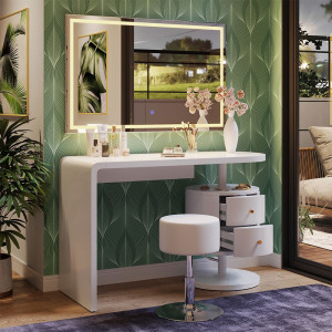 Masuta machiaj cu Oglinda LED si 2 Sertare pentru Cosmetice, Set Masa toaleta 120 cm, Alb Lucios, masuta cosmetica, vanity - SEA462 - Img 1