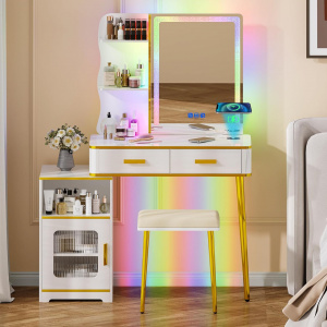 Masuta machiaj cu Oglinda LED si 2 Sertare pentru Cosmetice, Set Masa toaleta 80 cm, Alb, masuta cosmetica, vanity - SEA473