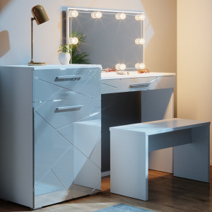 Masuta machiaj cu Oglinda LED si 2 Sertare pentru Cosmetice, Set Masa toaleta 135 cm, Alb Lucios, masuta cosmetica, vanity - SEA481