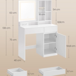 Masuta machiaj cu Oglinda LED si 2 Sertare pentru Cosmetice, Set Masa toaleta 90 cm, Alb, masuta cosmetica, vanity - SEA804 - Img 2