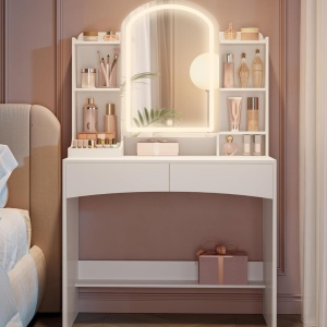 Masuta machiaj cu Oglinda LED si 2 Sertare pentru Cosmetice, Set Masa toaleta 90 cm, Alb, masuta cosmetica, vanity - SEA910