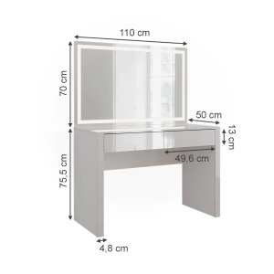 Masuta machiaj cu Oglinda LED si 2 Sertare pentru Cosmetice, Set Masa toaleta 110 cm, Alb Lucios, masuta cosmetica, vanity - SEA813 - Img 4