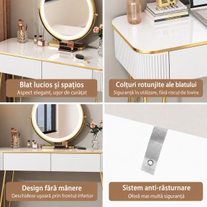 Masuta machiaj cu Oglinda LED si 2 Sertare pentru Cosmetice, Set Masa toaleta 100 cm, Alb, masuta cosmetica, vanity - SEA471 - Img 11