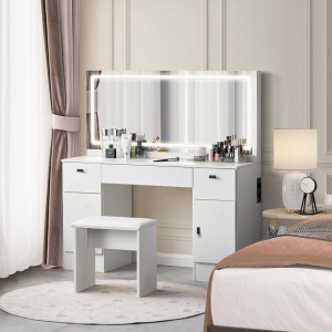 Masuta machiaj cu Oglinda LED si 3 Sertare pentru Cosmetice, Set Masa toaleta 117 cm, Alb, masuta cosmetica, vanity - SEA463