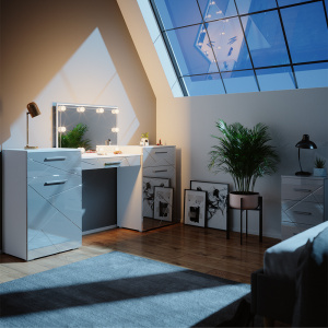 Masuta machiaj cu Oglinda LED si 3 Sertare pentru Cosmetice, Set Masa toaleta 190 cm, Alb Lucios, masuta cosmetica, vanity - SEA480 - Img 2