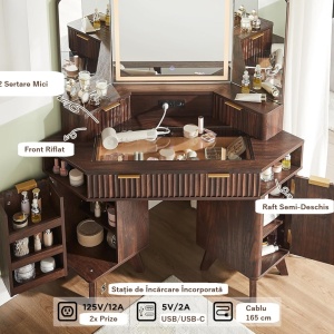 Masuta machiaj cu Oglinda LED si 3 Sertare pentru Cosmetice, Set Masa toaleta 122 cm, Maro, masuta cosmetica, vanity - SEM22 - Img 3