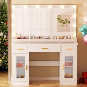 Masuta machiaj cu Oglinda LED si 3 Sertare pentru Cosmetice, Set Masa toaleta 110 cm, Alb, masuta cosmetica, vanity - SEA2 - Img 3