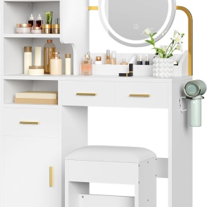 Masuta machiaj cu Oglinda LED si 3 Sertare pentru Cosmetice, Set Masa toaleta 80 cm, Alb, masuta cosmetica, vanity - SEA825 - Img 6