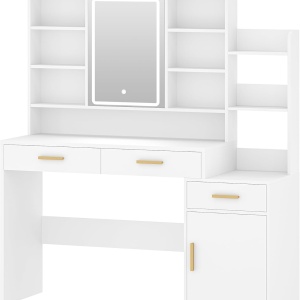 Masuta machiaj cu Oglinda LED si 3 Sertare pentru Cosmetice, Set Masa toaleta 130 cm, Alb, masuta cosmetica, vanity - SEA8 - Img 3
