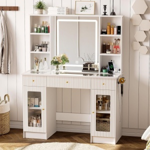 Masuta machiaj cu Oglinda LED si 3 Sertare pentru Cosmetice, Set Masa toaleta 110 cm, Alb, masuta cosmetica, vanity - SEA836 - Img 1