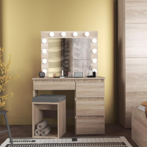 Masuta machiaj cu Oglinda LED si 4 Sertare pentru Cosmetice, Maro, masuta cosmetica, vanity - SEM505 - Img 5