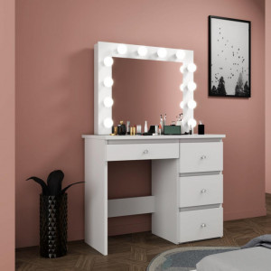 Masuta machiaj cu Oglinda LED si 4 Sertare pentru Cosmetice, Set Masa toaleta 94 cm, Alb, masuta cosmetica, vanity - SEA538 - Img 4