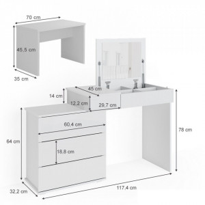 Masuta machiaj cu Oglinda LED si 4 Sertare pentru Cosmetice, Set Masa toaleta 117 cm, Alb, masuta cosmetica, vanity - SEA389 - Img 5
