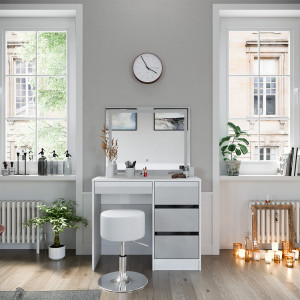 Masuta machiaj cu Oglinda LED si 4 Sertare pentru Cosmetice, Set Masa toaleta 90 cm, Alb Lucios, masuta cosmetica, vanity - SEA468