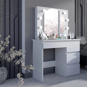 Masuta machiaj cu Oglinda LED si 4 Sertare pentru Cosmetice, Set Masa toaleta 94 cm, Alb, masuta cosmetica, vanity - SEA547